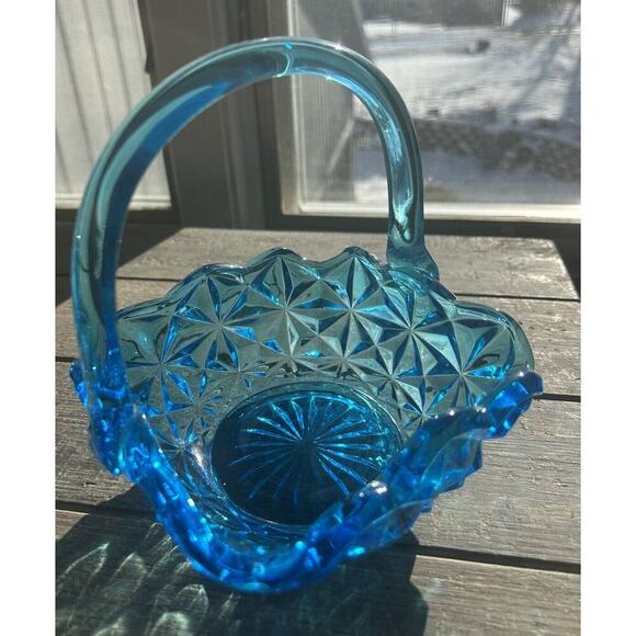EUC Vintage Indiana Glass Monticello Aqua Blue Basket Handle 7" Easter Gift Art - Picture 5 of 12